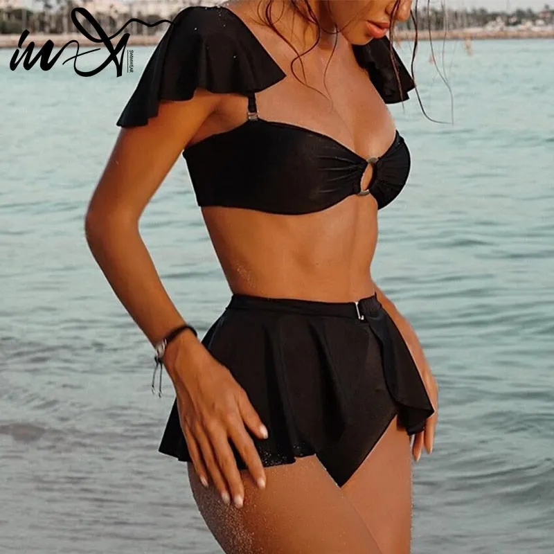 2 Piece High waist Ruffle swimsuit female swimwear women Off shoulder retro bathing suit with skirt Bikini Set