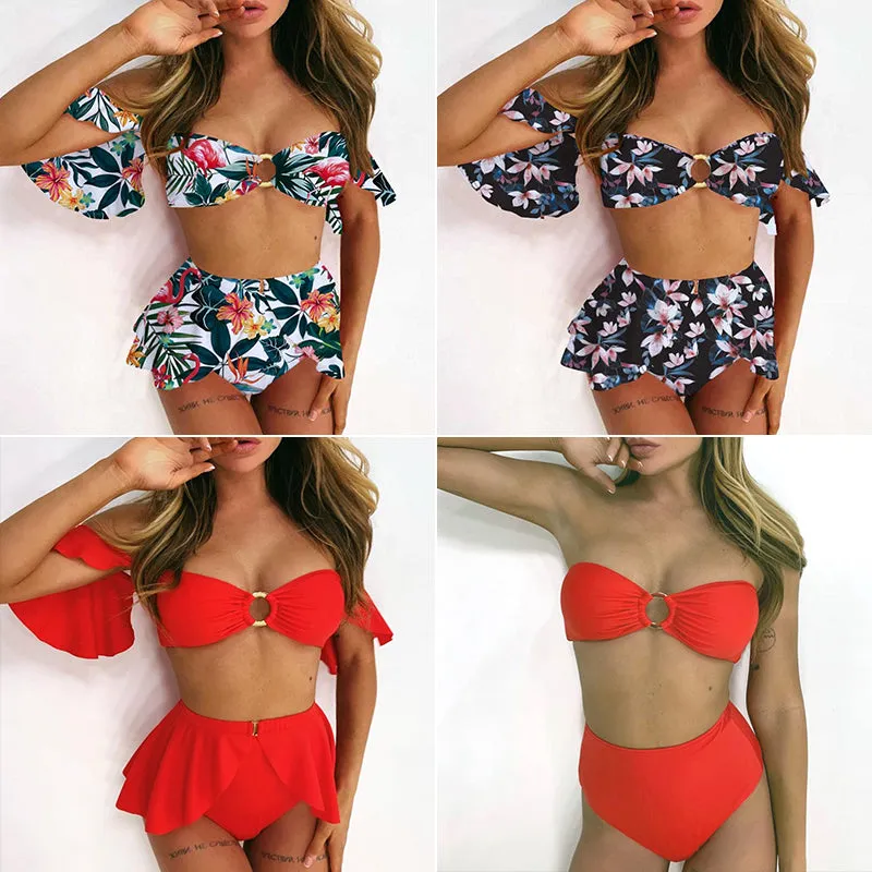 2 Piece High waist Ruffle swimsuit female swimwear women Off shoulder retro bathing suit with skirt Bikini Set