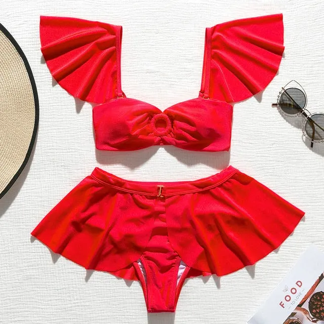 2 Piece High waist Ruffle swimsuit female swimwear women Off shoulder retro bathing suit with skirt Bikini Set
