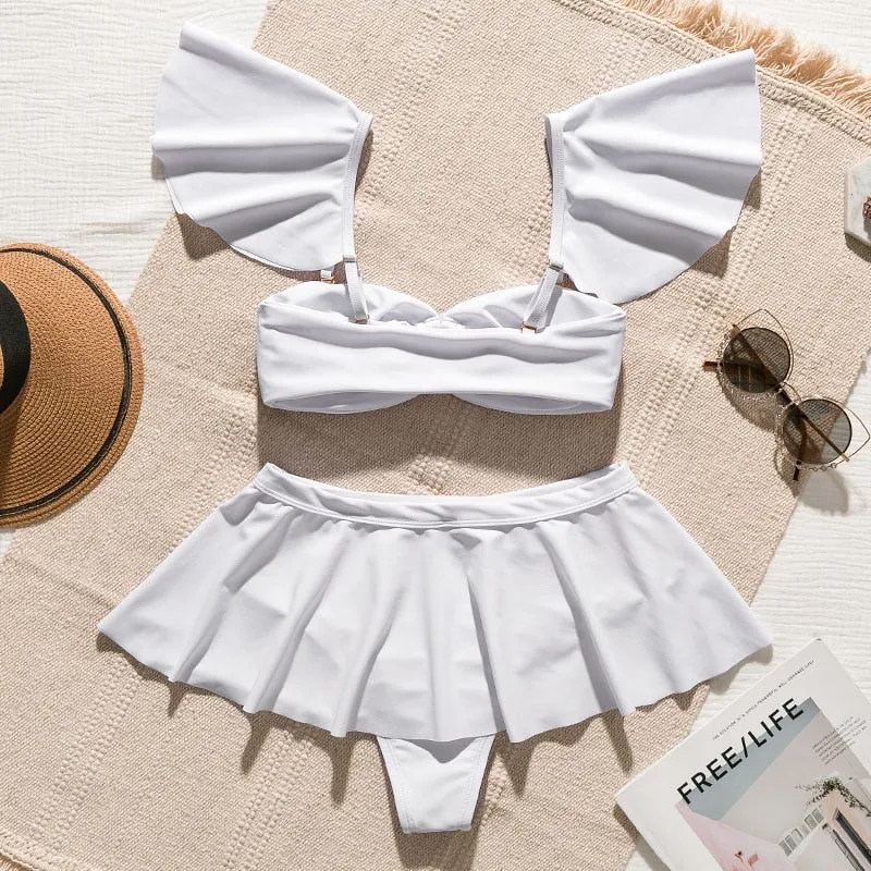 2 Piece High waist Ruffle swimsuit female swimwear women Off shoulder retro bathing suit with skirt Bikini Set