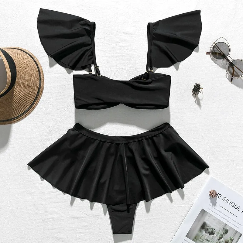 2 Piece High waist Ruffle swimsuit female swimwear women Off shoulder retro bathing suit with skirt Bikini Set