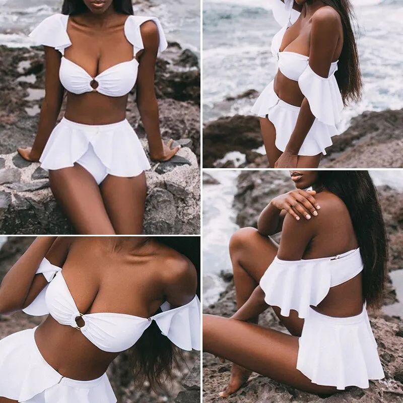 2 Piece High waist Ruffle swimsuit female swimwear women Off shoulder retro bathing suit with skirt Bikini Set