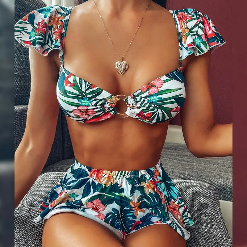 2 Piece High waist Ruffle swimsuit female swimwear women Off shoulder retro bathing suit with skirt Bikini Set