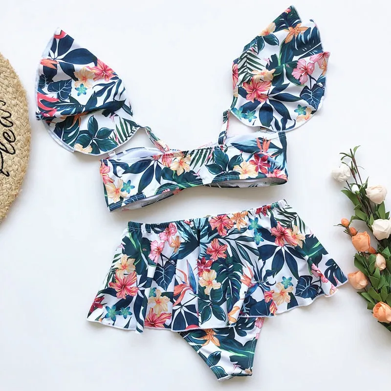 2 Piece High waist Ruffle swimsuit female swimwear women Off shoulder retro bathing suit with skirt Bikini Set