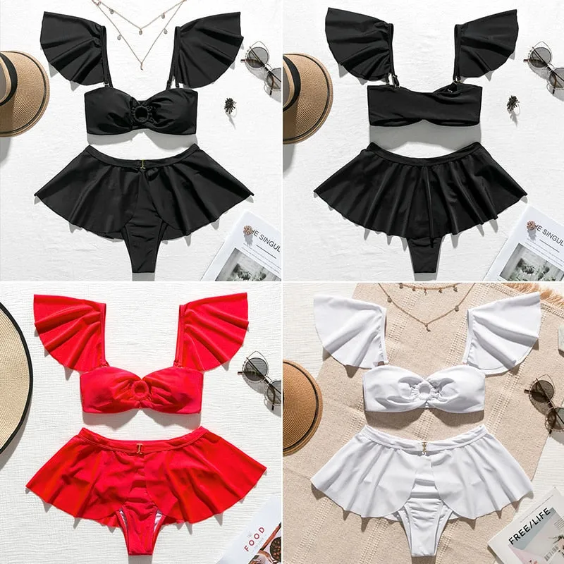 2 Piece High waist Ruffle swimsuit female swimwear women Off shoulder retro bathing suit with skirt Bikini Set
