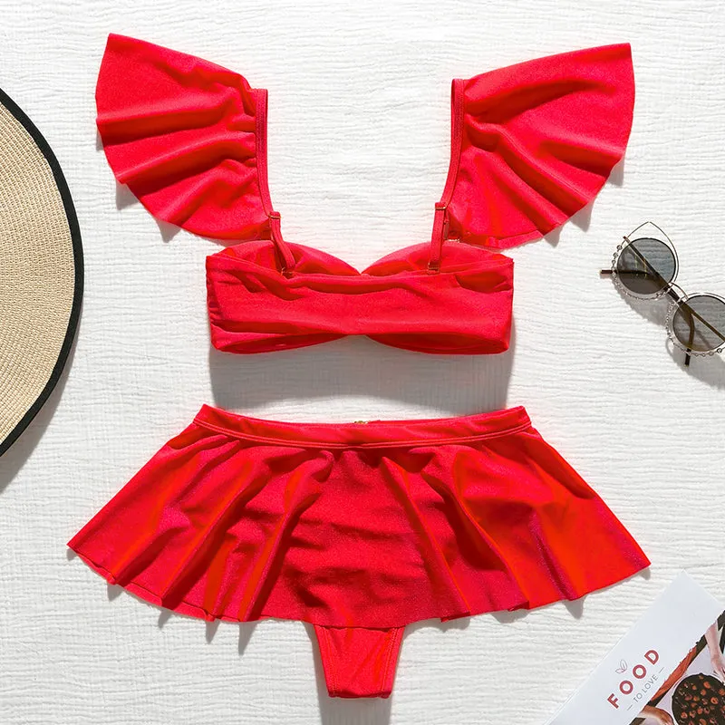 2 Piece High waist Ruffle swimsuit female swimwear women Off shoulder retro bathing suit with skirt Bikini Set