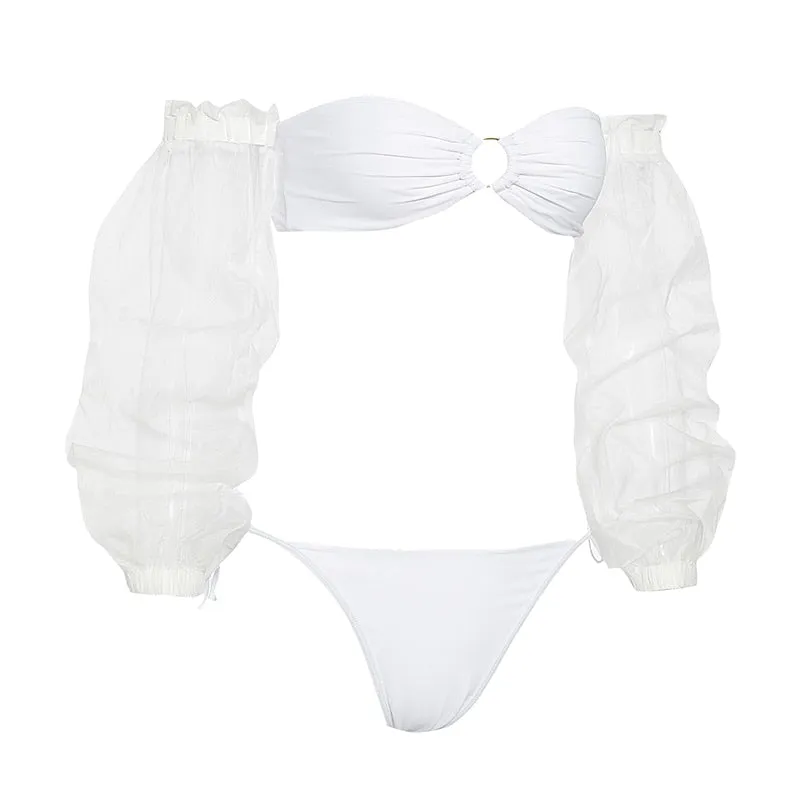 2 Piece High waist Ruffle swimsuit female swimwear women Off shoulder retro bathing suit with skirt Bikini Set