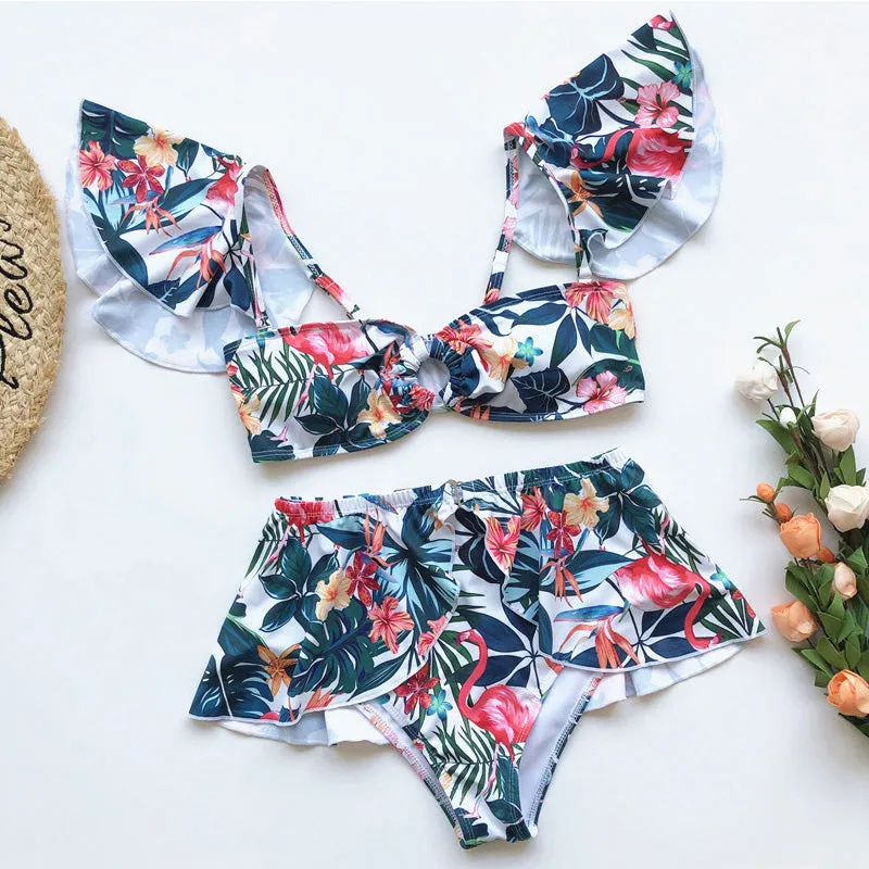 2 Piece High waist Ruffle swimsuit female swimwear women Off shoulder retro bathing suit with skirt Bikini Set
