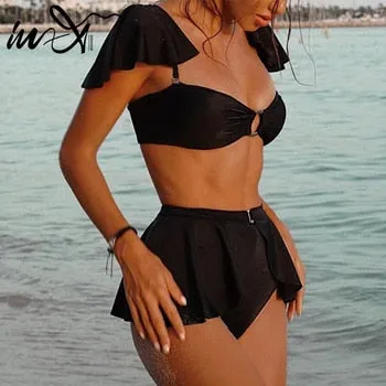 2 Piece High waist Ruffle swimsuit female swimwear women Off shoulder retro bathing suit with skirt Bikini Set