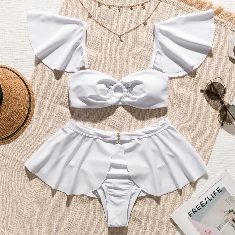 2 Piece High waist Ruffle swimsuit female swimwear women Off shoulder retro bathing suit with skirt Bikini Set