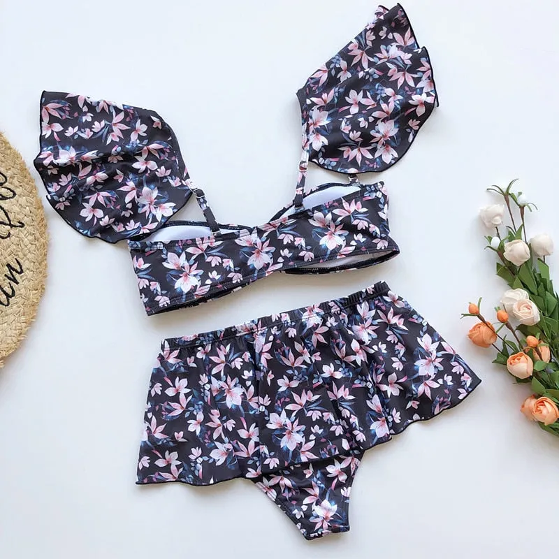 2 Piece High waist Ruffle swimsuit female swimwear women Off shoulder retro bathing suit with skirt Bikini Set