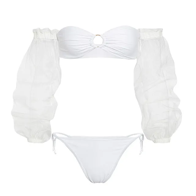 2 Piece High waist Ruffle swimsuit female swimwear women Off shoulder retro bathing suit with skirt Bikini Set