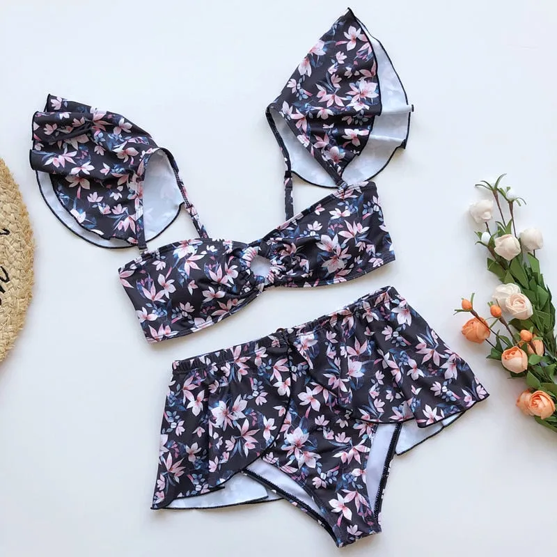 2 Piece High waist Ruffle swimsuit female swimwear women Off shoulder retro bathing suit with skirt Bikini Set