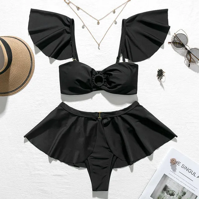 2 Piece High waist Ruffle swimsuit female swimwear women Off shoulder retro bathing suit with skirt Bikini Set