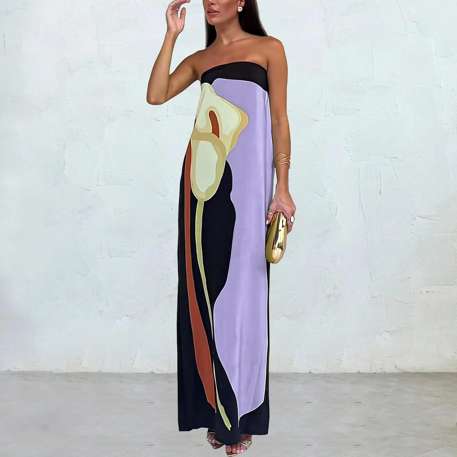 ACOSAP Women Y2k Strapless Maxi Dress Summer Backless Floral Long Tube Dress Off Shoulder Cocktail Party Dress