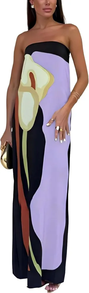 ACOSAP Women Y2k Strapless Maxi Dress Summer Backless Floral Long Tube Dress Off Shoulder Cocktail Party Dress