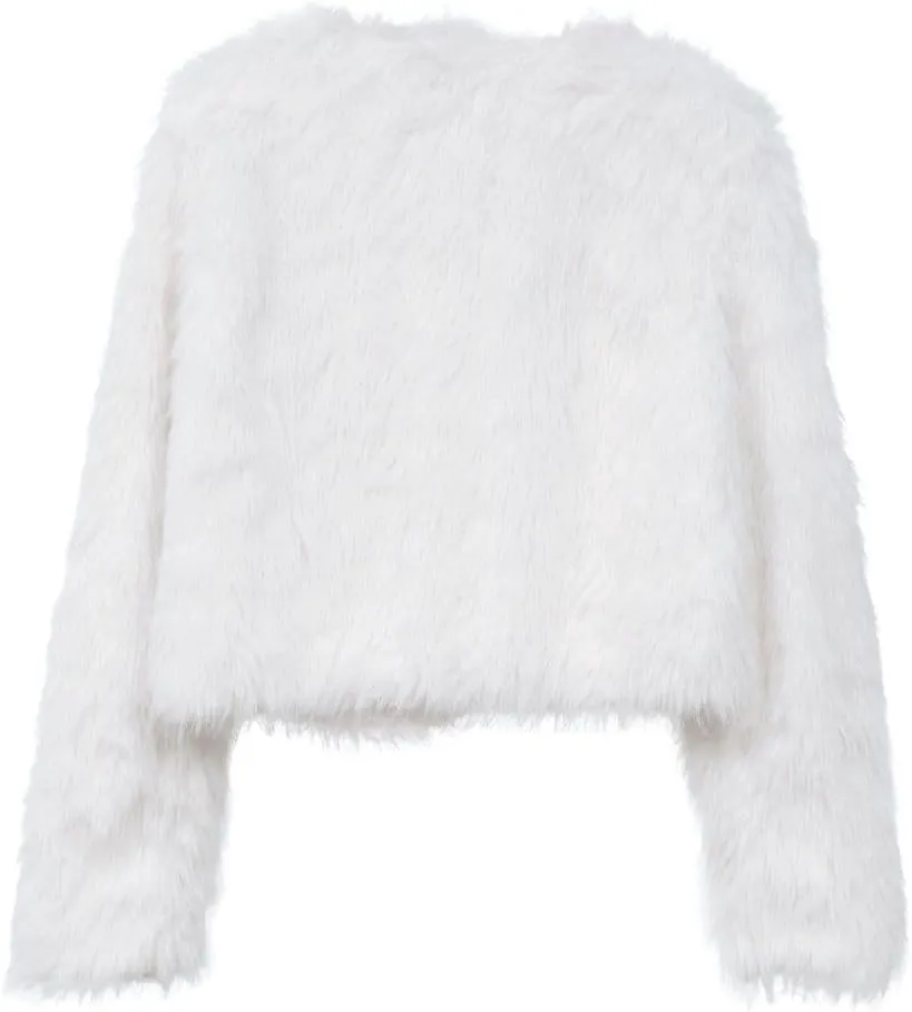 Amazhiyu Women's Faux Fur Cropped Coat Pockets Long Sleeve Open Front Winter Jacket