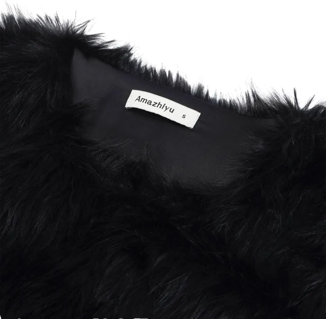 Amazhiyu Women's Faux Fur Cropped Coat Pockets Long Sleeve Open Front Winter Jacket
