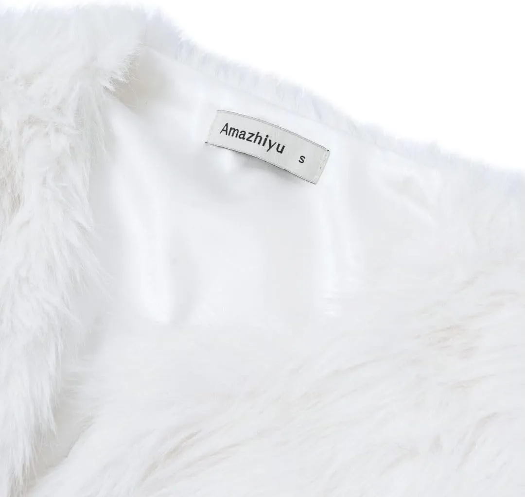 Amazhiyu Women's Faux Fur Cropped Coat Pockets Long Sleeve Open Front Winter Jacket