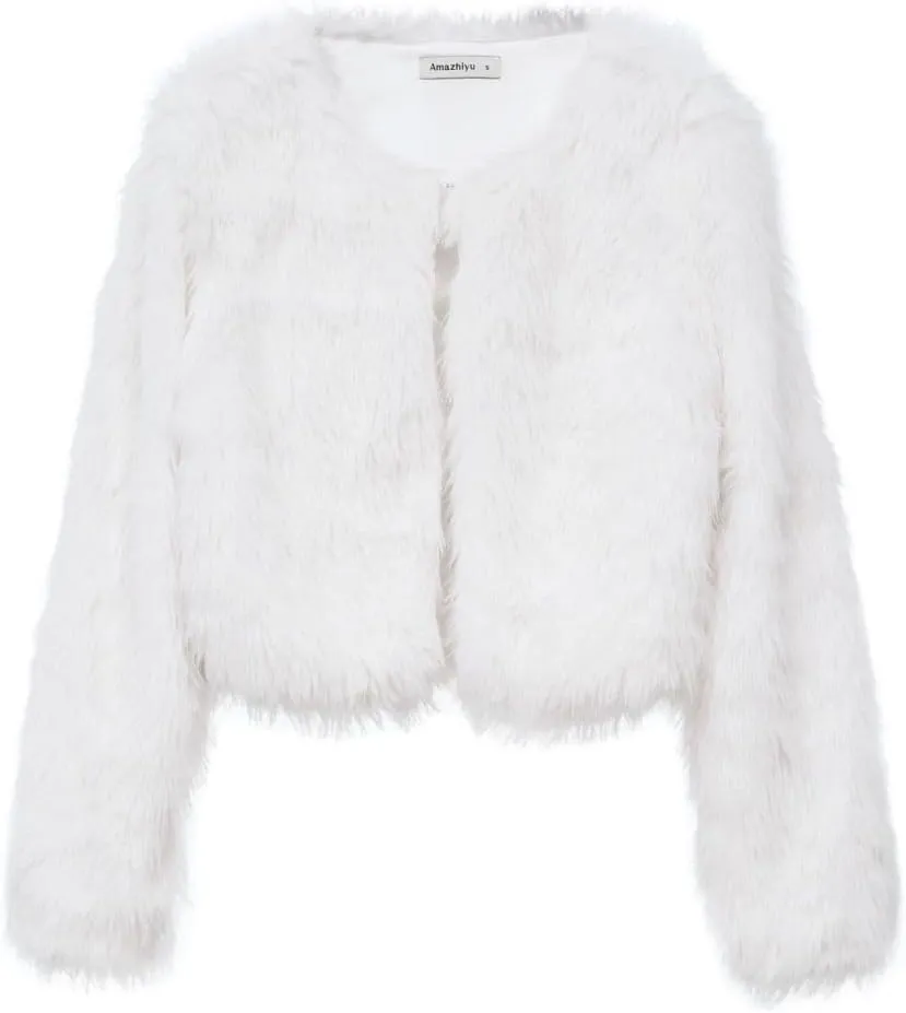 Amazhiyu Women's Faux Fur Cropped Coat Pockets Long Sleeve Open Front Winter Jacket