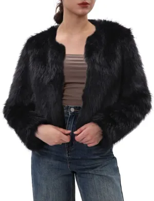 Amazhiyu Women's Faux Fur Cropped Coat Pockets Long Sleeve Open Front Winter Jacket