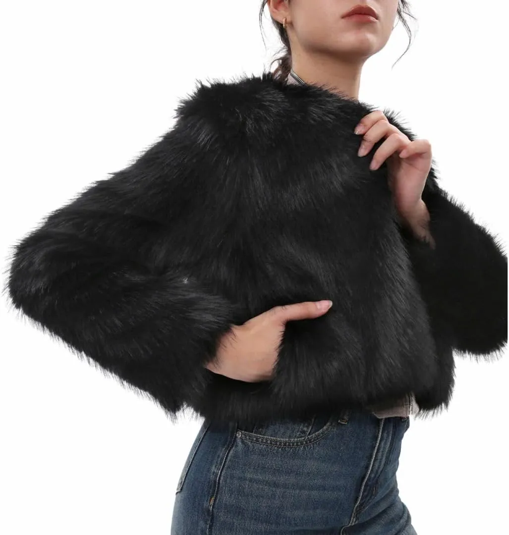 Amazhiyu Women's Faux Fur Cropped Coat Pockets Long Sleeve Open Front Winter Jacket