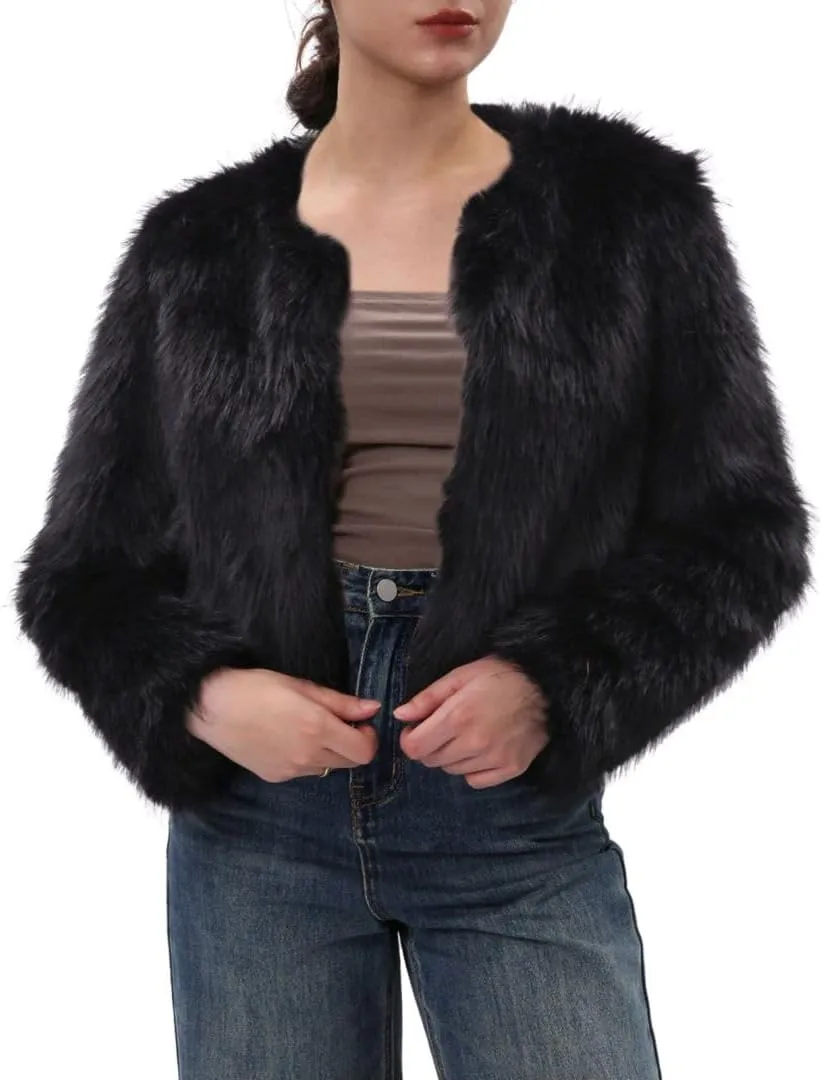 Amazhiyu Women's Faux Fur Cropped Coat Pockets Long Sleeve Open Front Winter Jacket