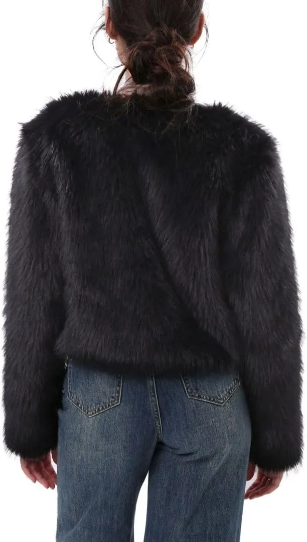 Amazhiyu Women's Faux Fur Cropped Coat Pockets Long Sleeve Open Front Winter Jacket