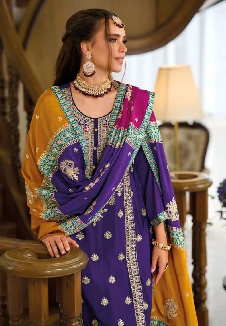 Appealing Blue Colored Heavy Chinon Embroidery Work Salwar Suits For Women