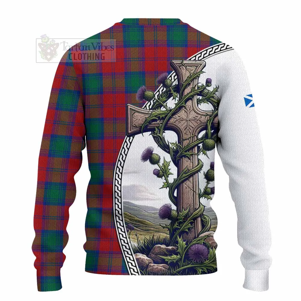 Auchinleck (Affleck) Tartan Knitted Sweater with Family Crest and St. Andrew's Cross Accented by Thistle Vines