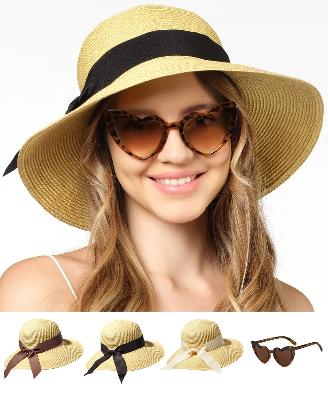 Beach Hats for Women - Panama Straw Sun Hat with Heart Shape Glasses - Summer Fedora Roll Up Packable Travel Hat UV Protection UPF 50  (Sand) - FUNCREDIBLE