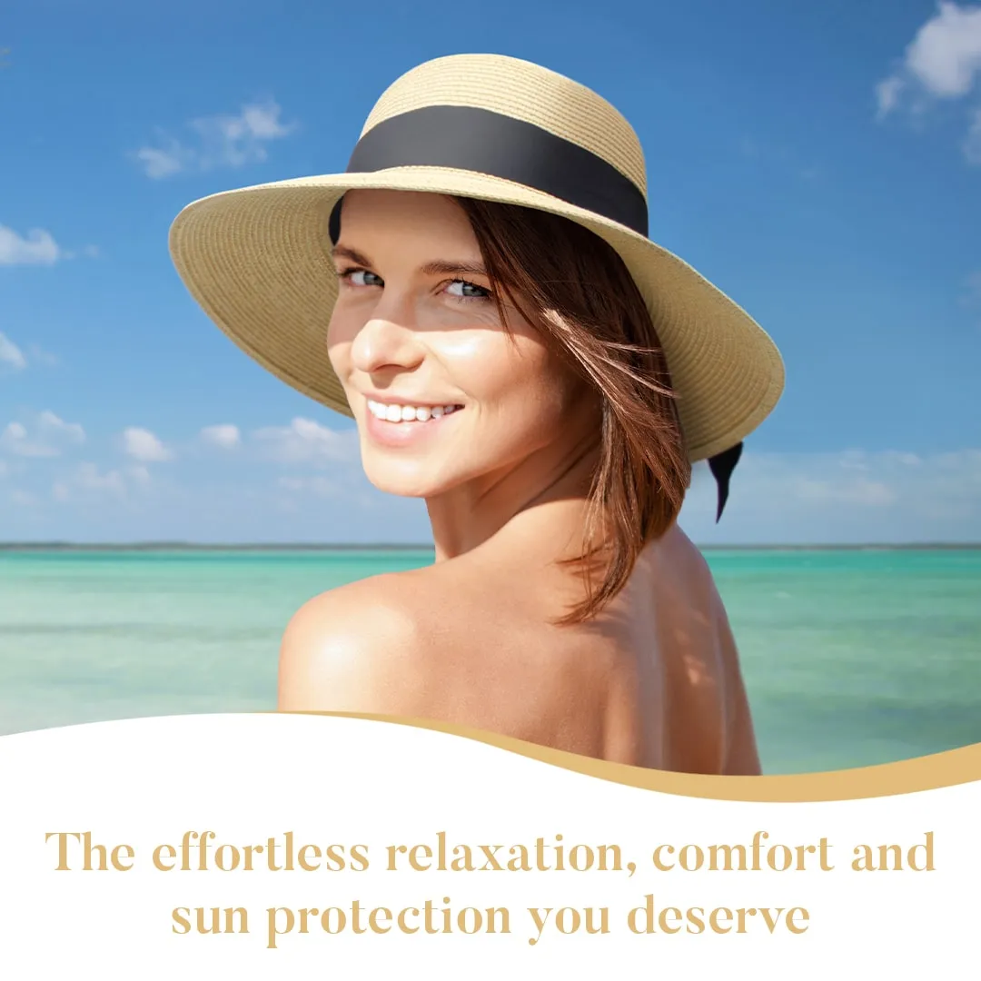Beach Hats for Women - Panama Straw Sun Hat with Heart Shape Glasses - Summer Fedora Roll Up Packable Travel Hat UV Protection UPF 50  (Sand) - FUNCREDIBLE