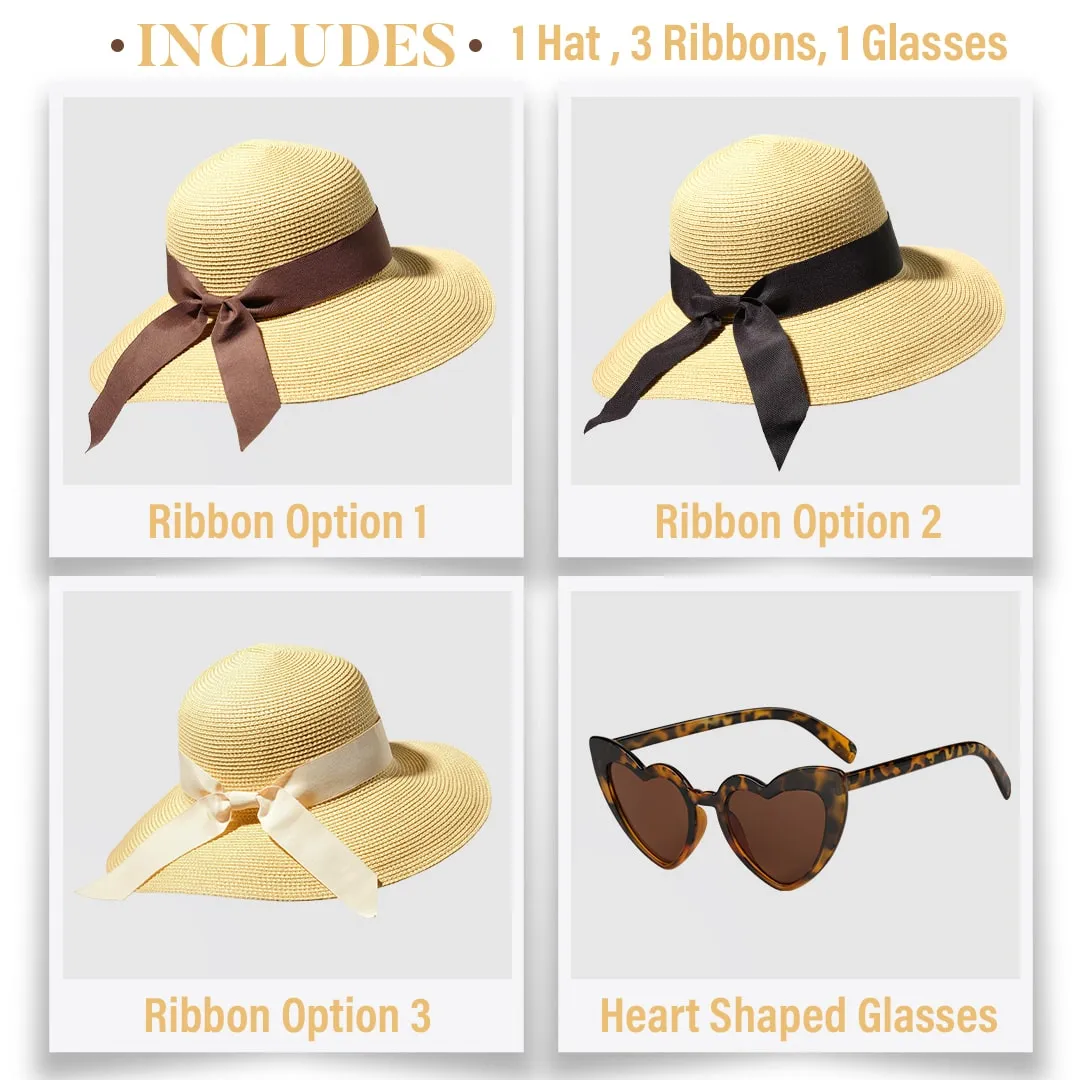Beach Hats for Women - Panama Straw Sun Hat with Heart Shape Glasses - Summer Fedora Roll Up Packable Travel Hat UV Protection UPF 50  (Sand) - FUNCREDIBLE