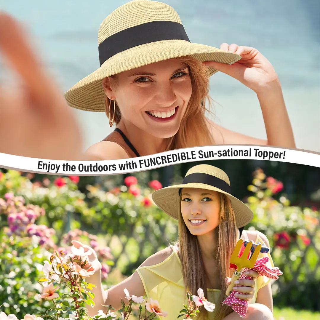 Beach Hats for Women - Panama Straw Sun Hat with Heart Shape Glasses - Summer Fedora Roll Up Packable Travel Hat UV Protection UPF 50  (Sand) - FUNCREDIBLE