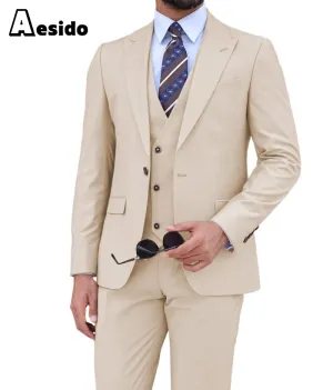 Beige 3 Piece Peak Lapel Men's Suit (Blazer Vest Pants)