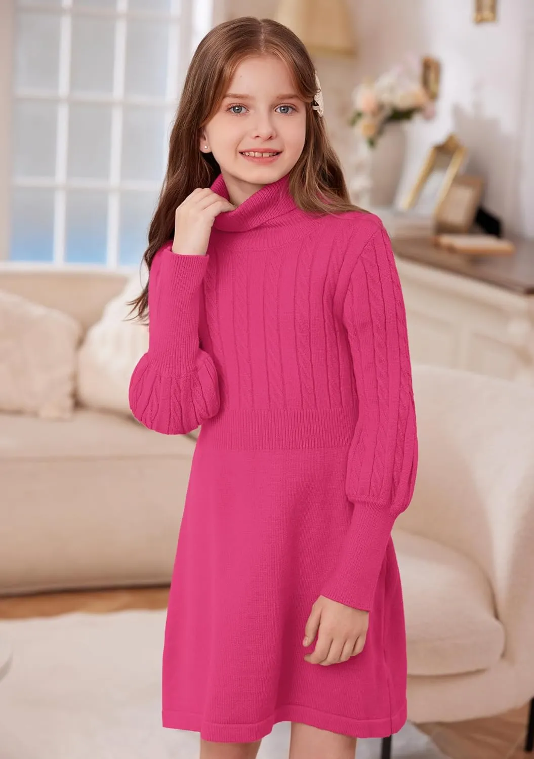 BesserBay Girls Long Sleeve Cable Knitted Sweater Dress Fall Turtleneck Pullover Midi Dress Size 5-14 Years