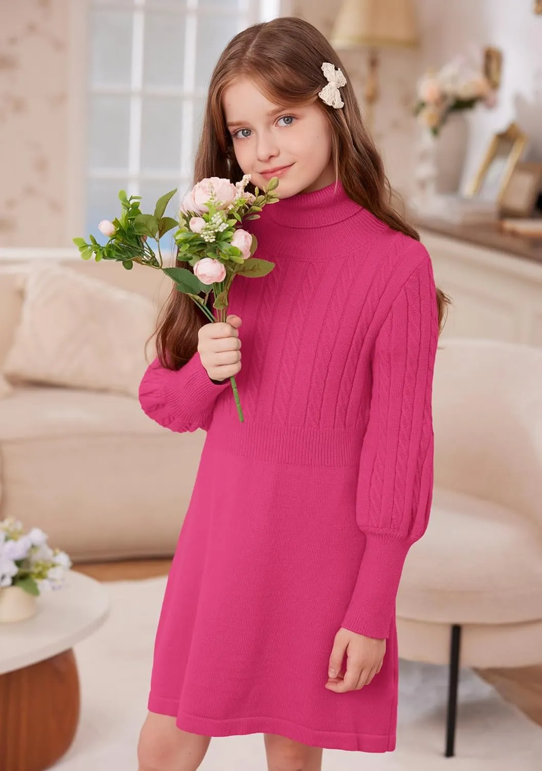 BesserBay Girls Long Sleeve Cable Knitted Sweater Dress Fall Turtleneck Pullover Midi Dress Size 5-14 Years