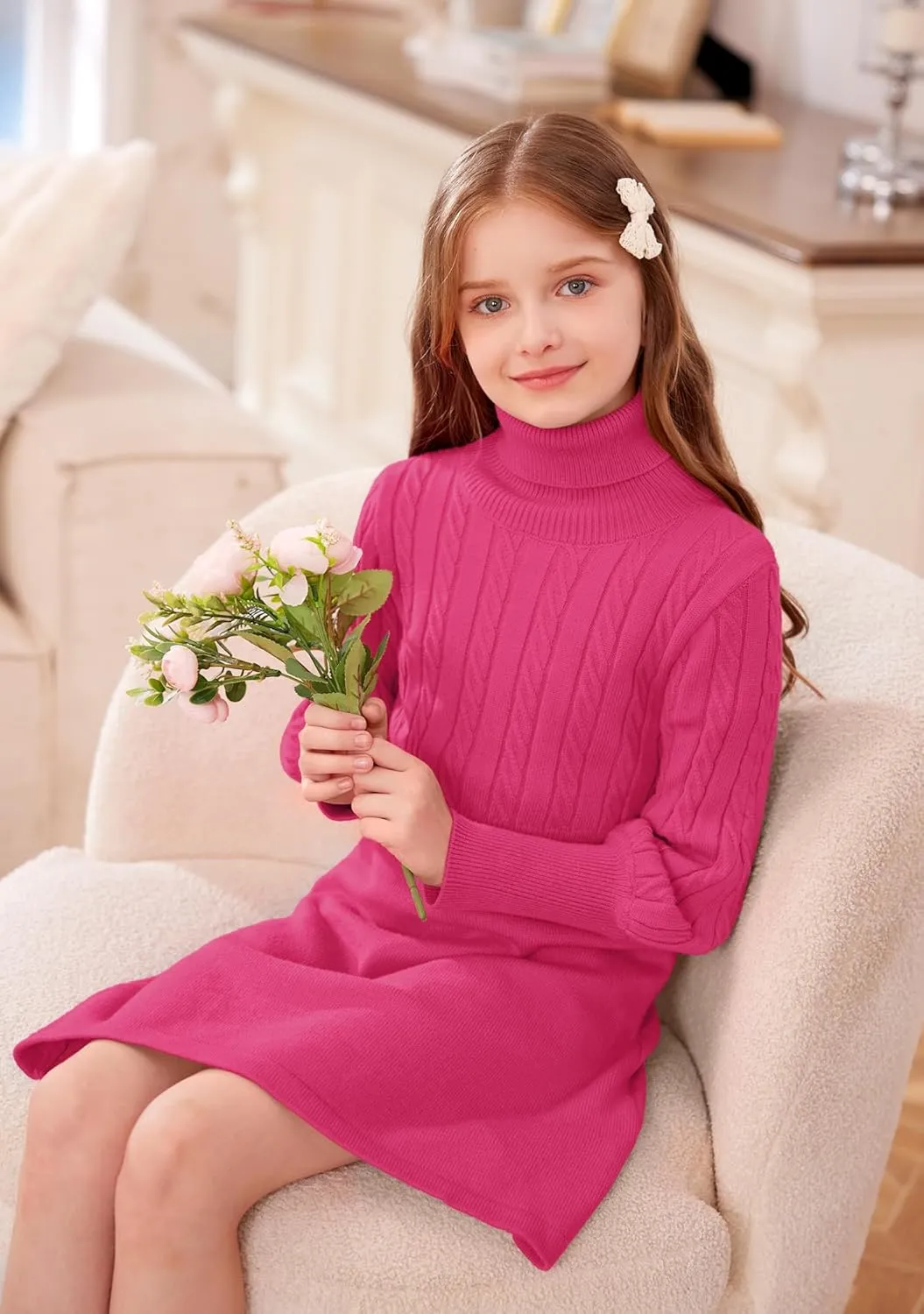 BesserBay Girls Long Sleeve Cable Knitted Sweater Dress Fall Turtleneck Pullover Midi Dress Size 5-14 Years
