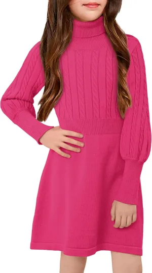BesserBay Girls Long Sleeve Cable Knitted Sweater Dress Fall Turtleneck Pullover Midi Dress Size 5-14 Years