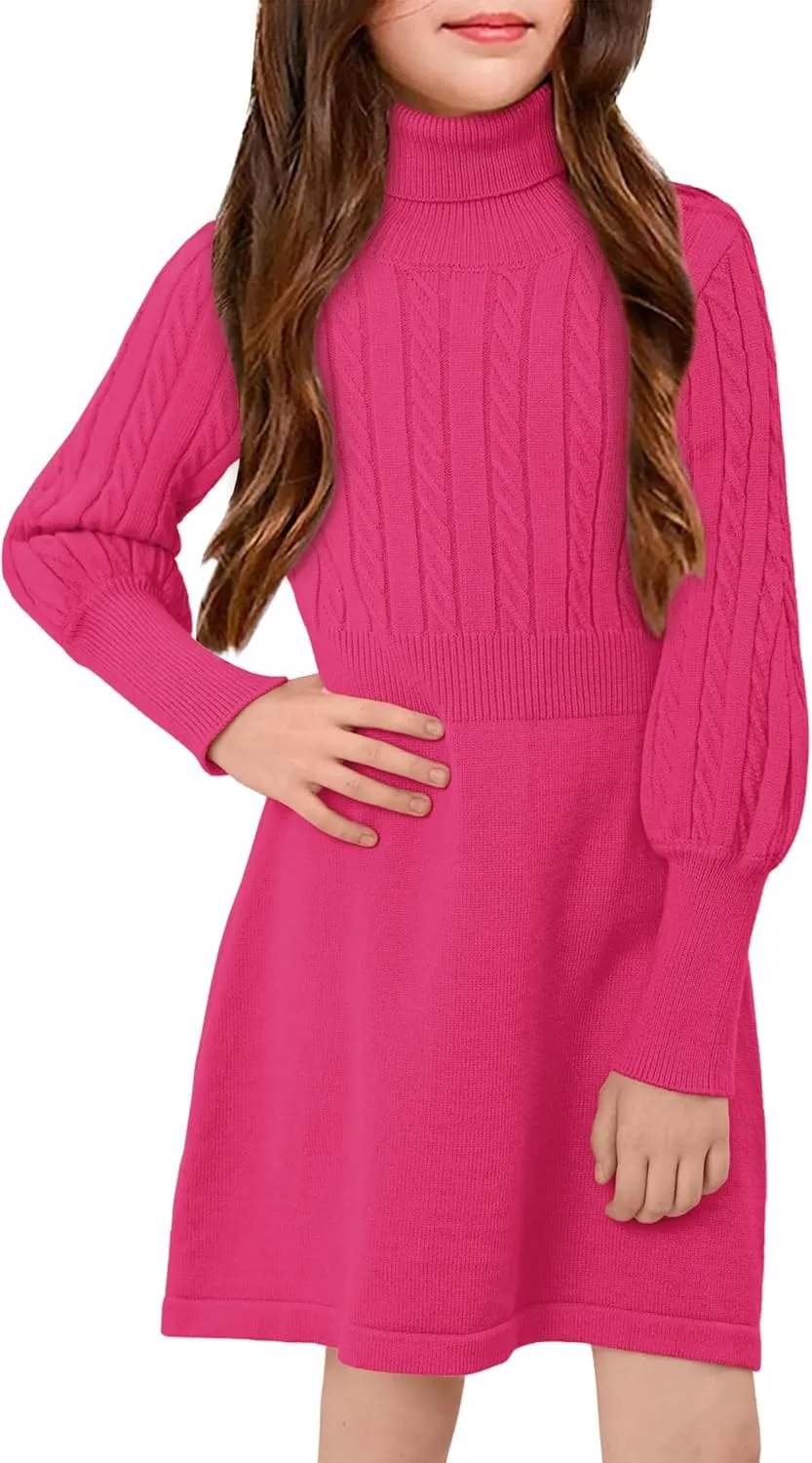 BesserBay Girls Long Sleeve Cable Knitted Sweater Dress Fall Turtleneck Pullover Midi Dress Size 5-14 Years