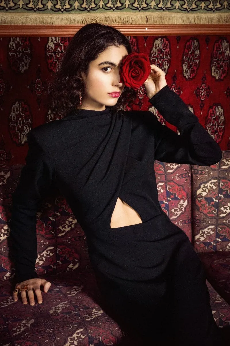 BLACK CROSS OVER CUT-OUT MIDI DRESS