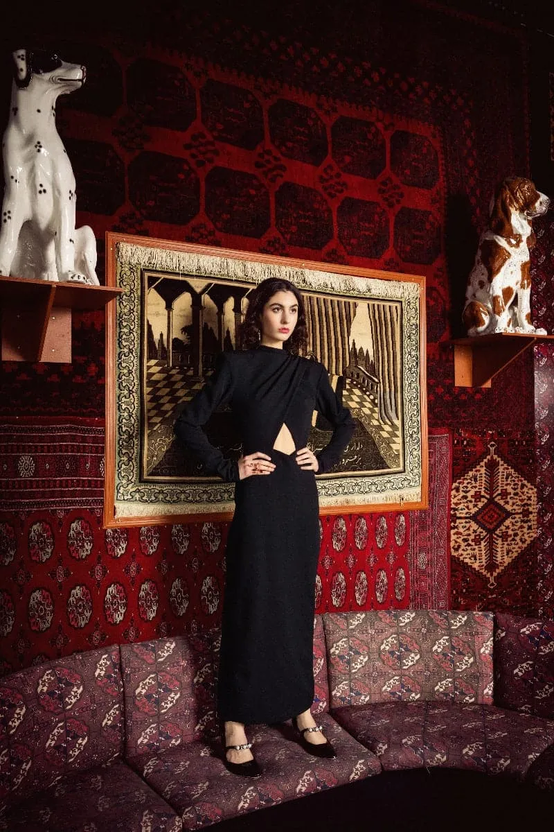 BLACK CROSS OVER CUT-OUT MIDI DRESS