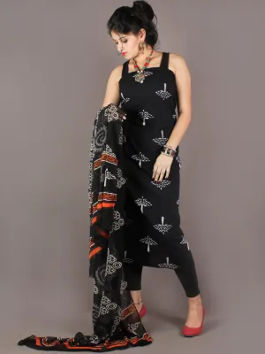 Black White Orange Hand Block Printed Cotton Suit-Salwar Fabric With Chiffon Dupatta - S1628150