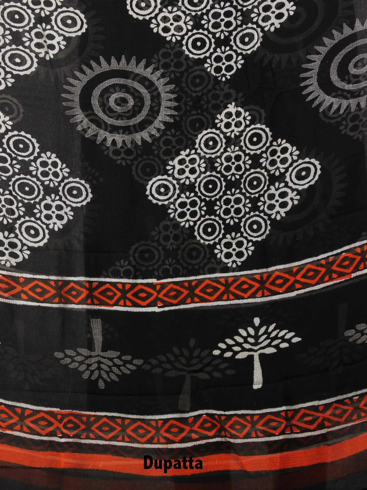 Black White Orange Hand Block Printed Cotton Suit-Salwar Fabric With Chiffon Dupatta - S1628150