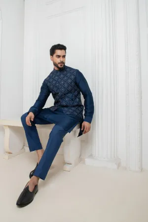 Blue Embellished Jacket With Short Kurta Set