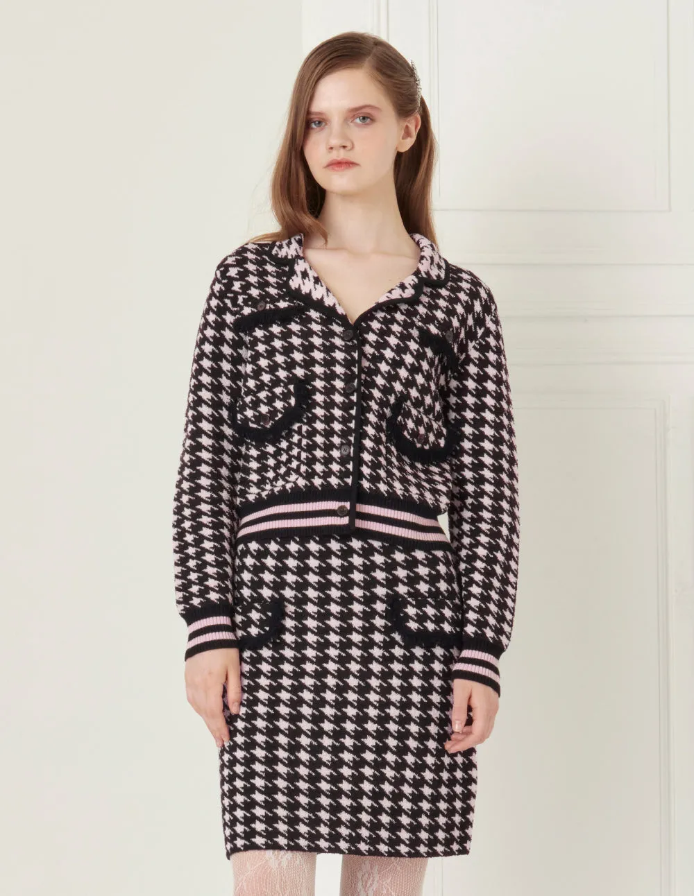 BORA AKSU Black Pink Houndstooth Knitted Skirt