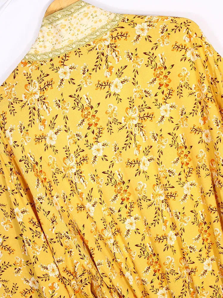 Bridal Party Wear Floral Print Yellow Color Cotton Long Length Gown Robe Kimono