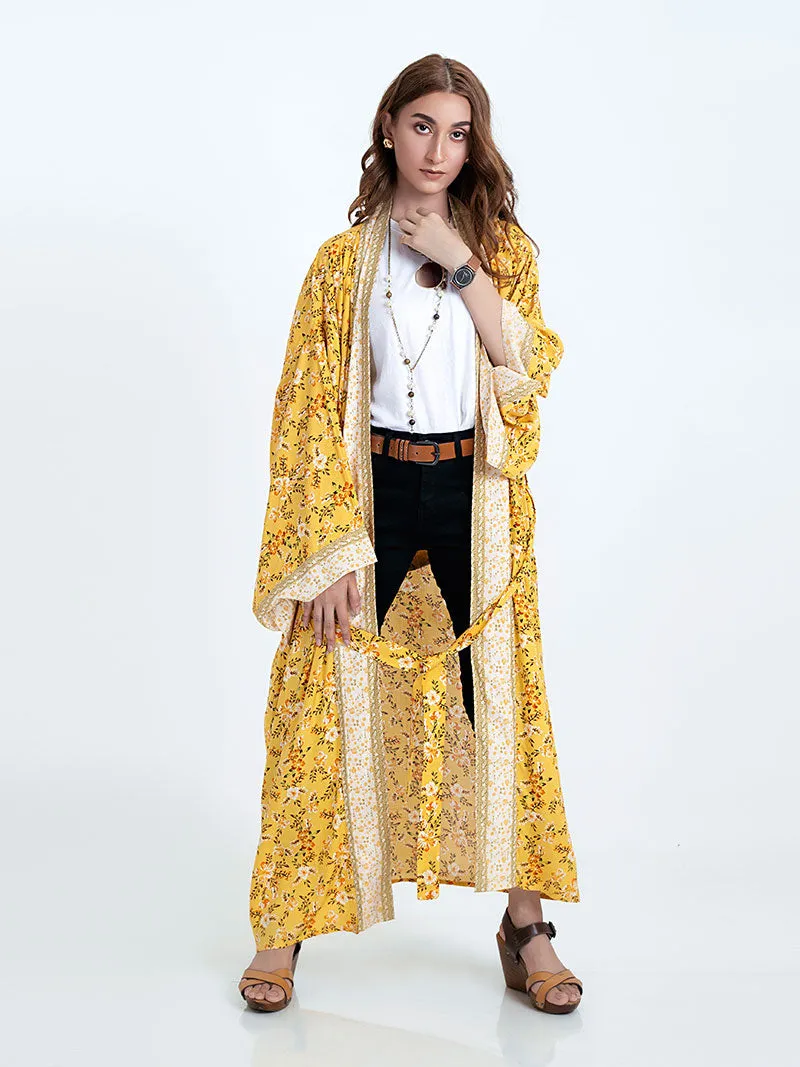 Bridal Party Wear Floral Print Yellow Color Cotton Long Length Gown Robe Kimono