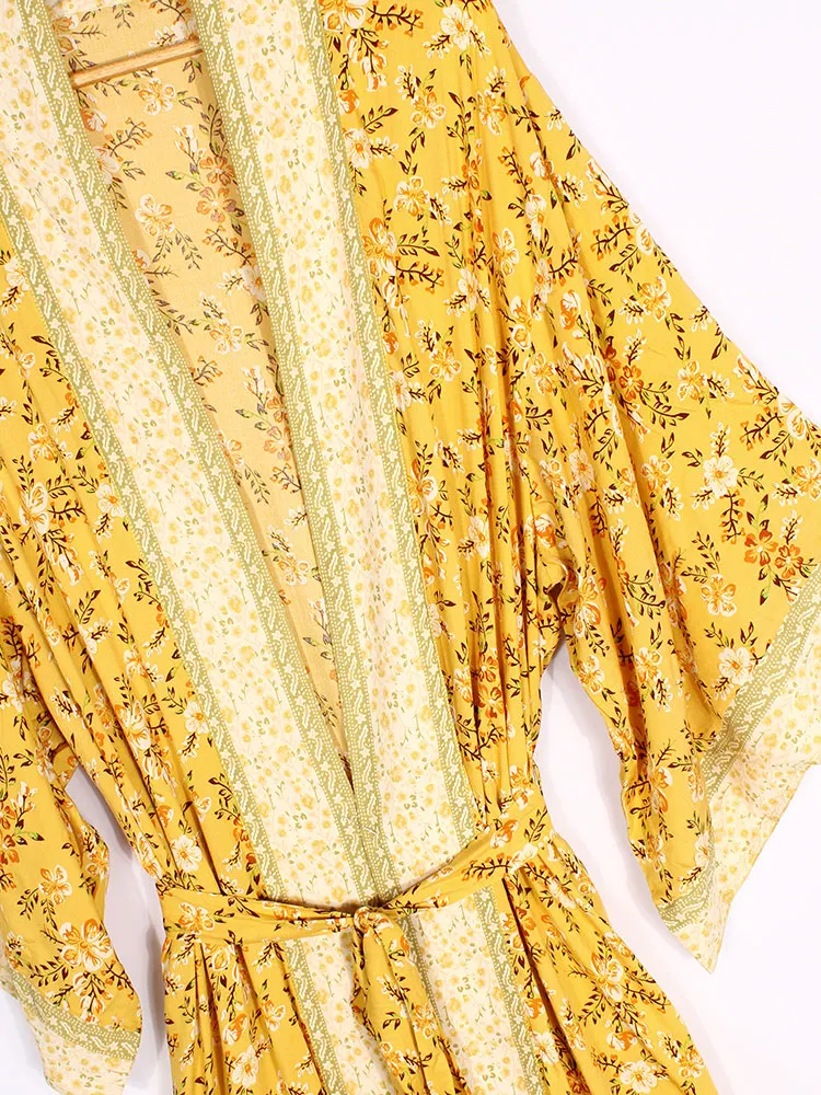 Bridal Party Wear Floral Print Yellow Color Cotton Long Length Gown Robe Kimono