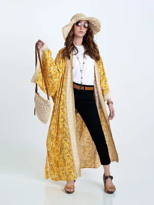 Bridal Party Wear Floral Print Yellow Color Cotton Long Length Gown Robe Kimono